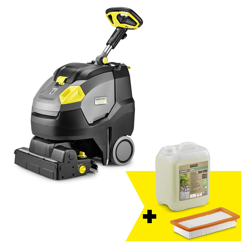 Masina de frecat/aspirat cu acumulatori Karcher BR 45/22 C Bp Pack Go!Further, cadou include detergent pardoseală RM 69 N - 5 litri si filtru protectie 